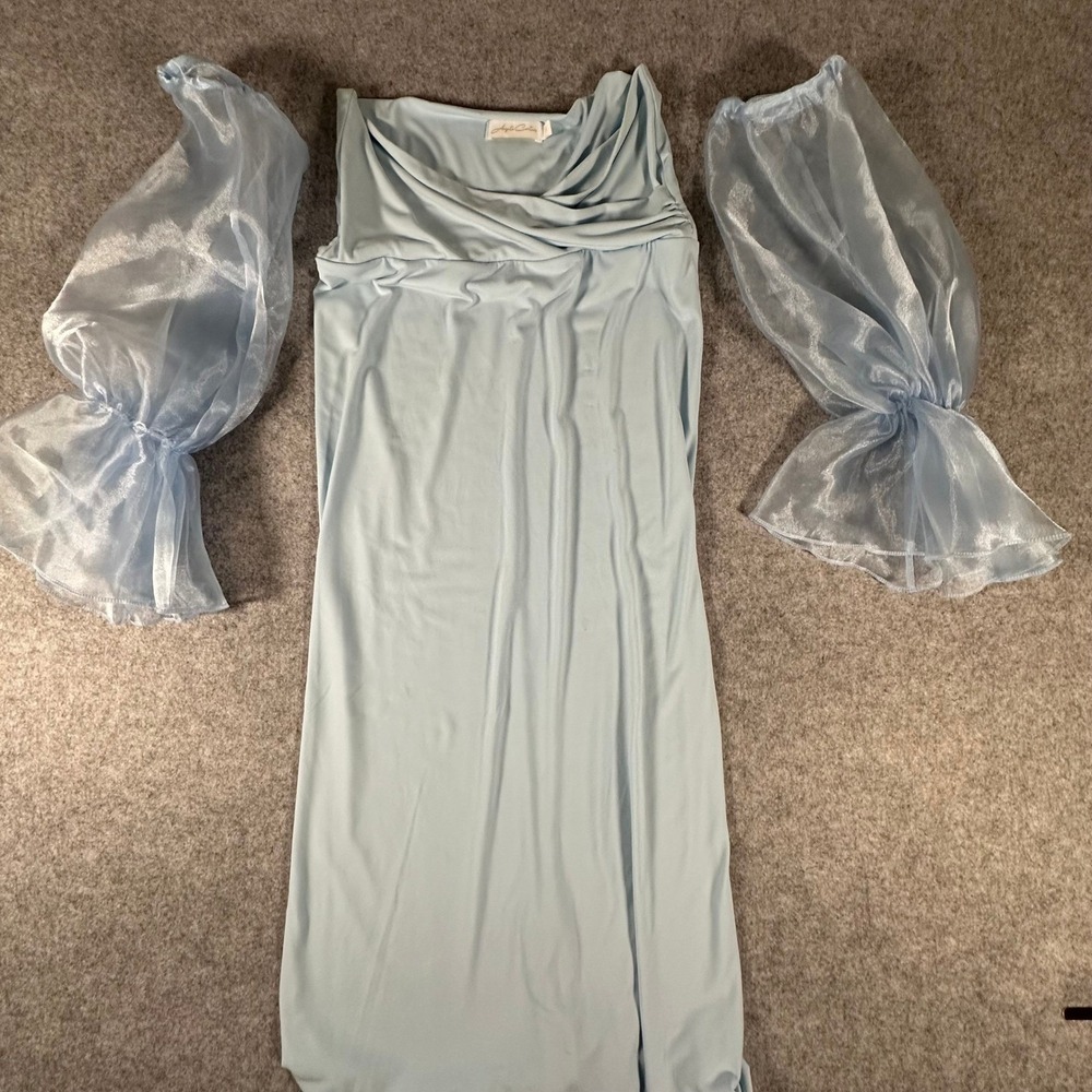 Anyuta Couture Maxi Dress XS Light Blue Womens Sheer Bell Sleeve